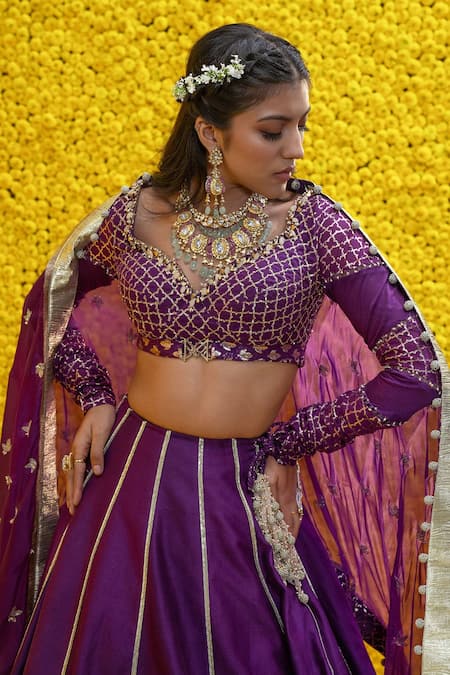 Buy_Mahima Mahajan_Purple Organza, Shantoon, Banarasi Chanderi Floral Jia Bridal Lehenga Set _Online_at_Aza_Fashions