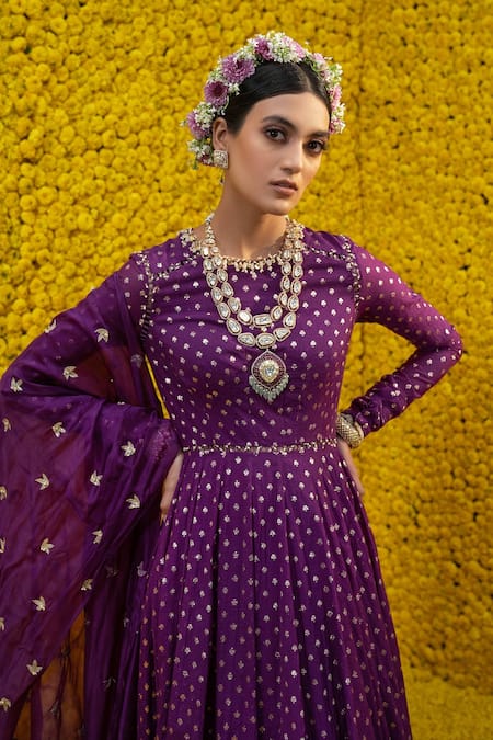 Buy_Mahima Mahajan_Purple Organza, Shantoon, Banarasi Chanderi Aahana Anarkali With Dupatta _Online_at_Aza_Fashions