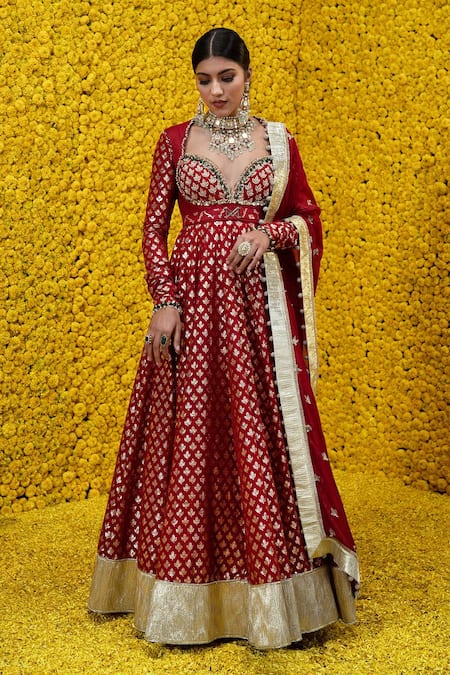 Mahima Mahajan Maroon Banarasi Chanderi Woven Floral Sweetheart Noorie Anarkali With Dupatta 