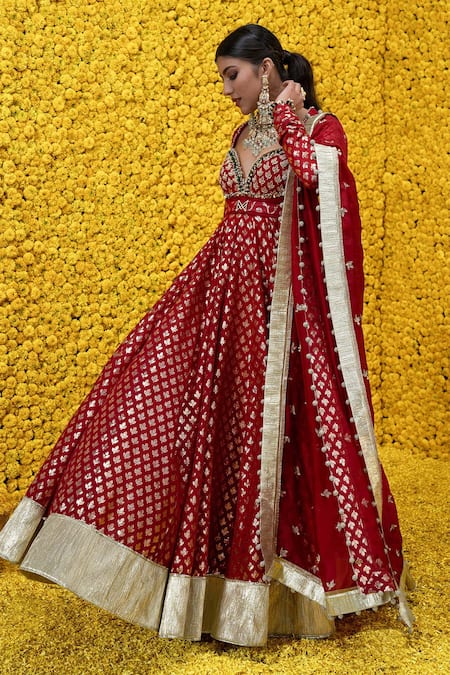 Mahima Mahajan_Maroon Organza, Shantoon, Banarasi Chanderi Noorie Anarkali With Dupatta _Online_at_Aza_Fashions