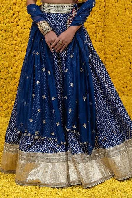 Buy_Mahima Mahajan_Blue Organza, Shantoon, Banarasi Chanderi Mughal Sweetheart Rakha Lehenga Set _Online_at_Aza_Fashions