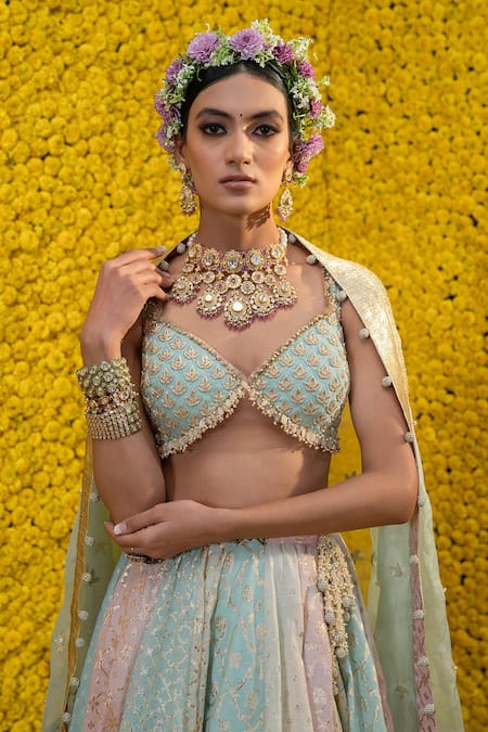 Buy_Mahima Mahajan_Multi Color Organza, Shantoon, Banarasi Chanderi Floral Iqra Lehenga Set _Online_at_Aza_Fashions