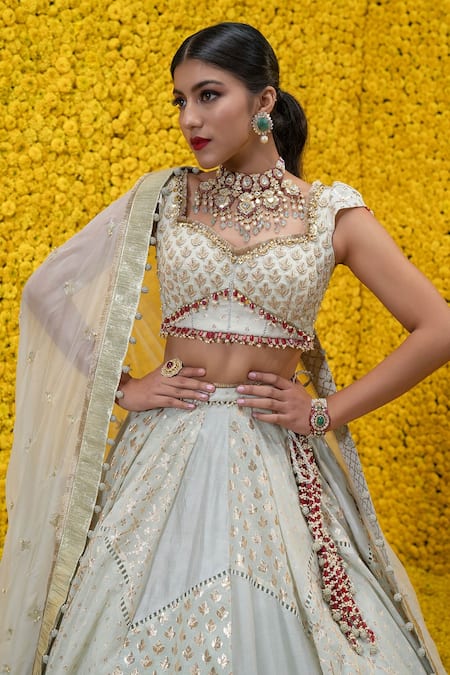 Buy_Mahima Mahajan_Green Organza, Shantoon, Banarasi Chanderi Floral Inaya Bridal Lehenga Set _Online_at_Aza_Fashions