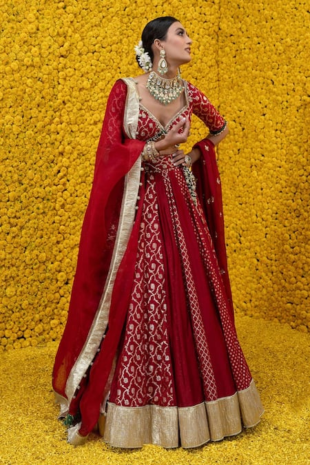 Mahima Mahajan_Red Organza, Shantoon, Banarasi Chanderi Floral Saba Bridal Lehenga Set _Online_at_Aza_Fashions