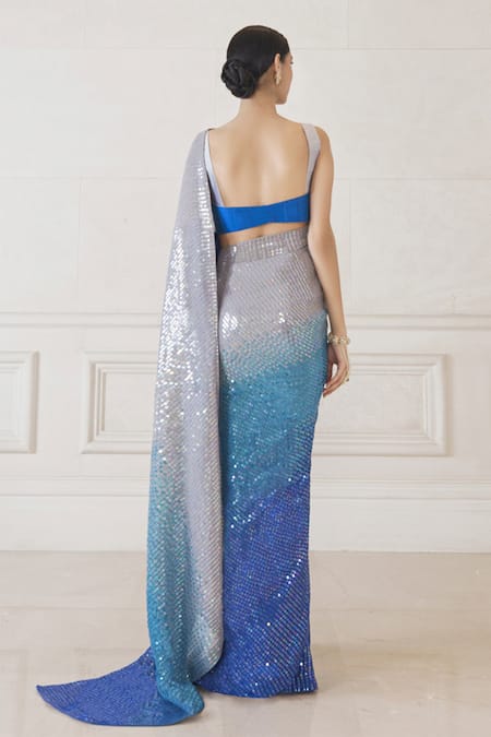 Shop Manish Malhotra Blue Sequin Embellished Saree With Blouse at Aza Fashions Shop_Manish Malhotra_Blue Sequin Embellished Saree With Blouse_at_Aza_Fashions