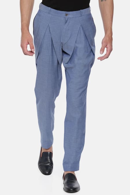 Mayank Modi - Men_Blue Malai Cotton Pleated Trousers_Online_at_Aza_Fashions