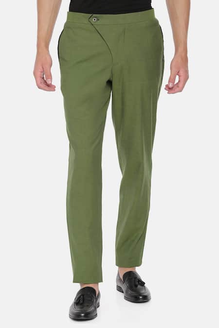 Mayank Modi - Men_Green Malai Cotton Trousers_Online_at_Aza_Fashions