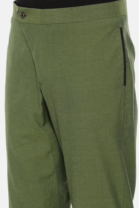 Shop_Mayank Modi - Men_Green Malai Cotton Trousers_Online_at_Aza_Fashions
