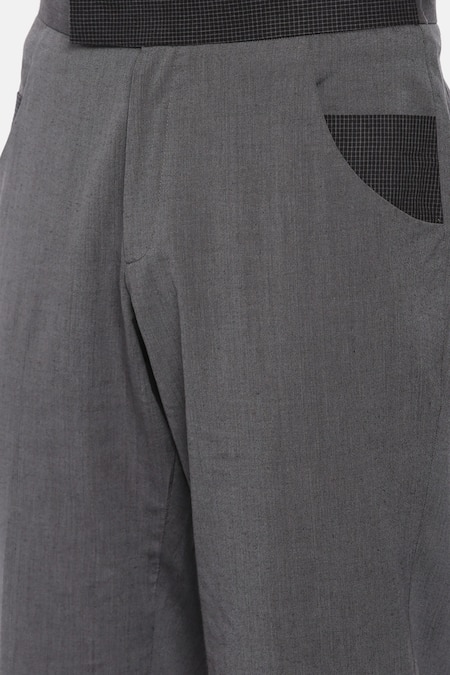 Shop Mayank Modi - Men Grey Malai Cotton Patchwork Trousers Online at Aza Fashions Shop_Mayank Modi - Men_Grey Malai Cotton Patchwork Trousers _Online_at_Aza_Fashions