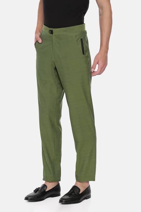 Shop_Mayank Modi - Men_Green Malai Cotton Trousers _at_Aza_Fashions