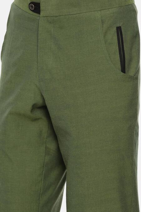 Shop_Mayank Modi - Men_Green Malai Cotton Trousers _Online_at_Aza_Fashions