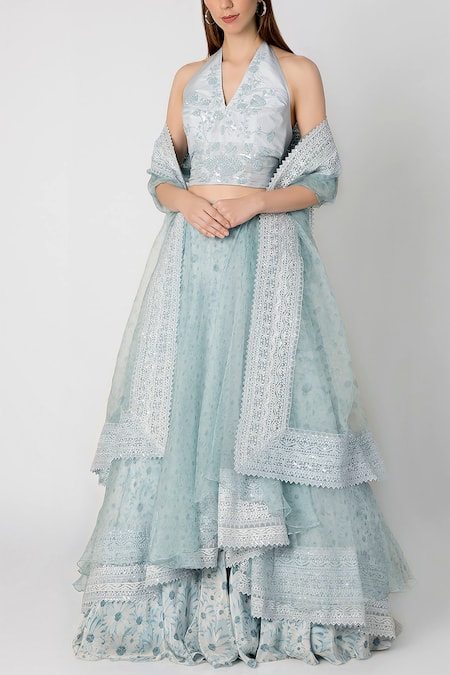 Masaba Blue Organza Embroidered Lehenga Set