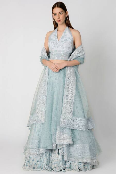 Masaba Blue Organza Embroidered Lehenga Set Online at Aza Fashions Masaba_Blue Organza Embroidered Lehenga Set_Online_at_Aza_Fashions