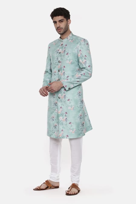 Mayank Modi - Men_Blue Linen Floral Print Sherwani Set _Online_at_Aza_Fashions