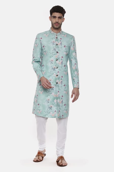 Buy_Mayank Modi - Men_Blue Linen Floral Print Sherwani Set _Online_at_Aza_Fashions