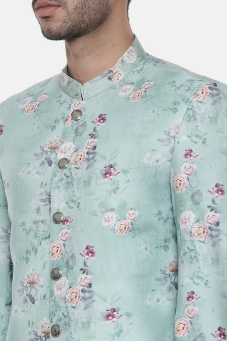 Mayank Modi - Men_Blue Linen Floral Print Sherwani Set _at_Aza_Fashions