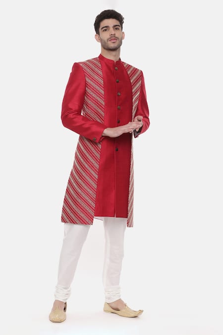 Mayank Modi - Men Red Silk Slub Embroidered Geometric Layered Sherwani Set 