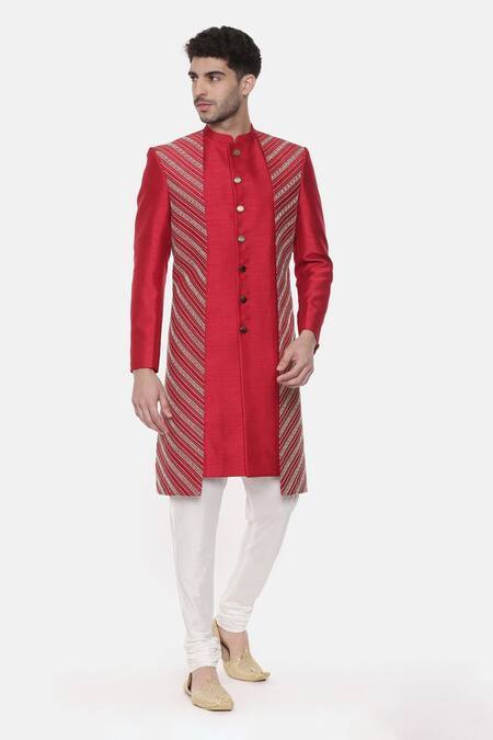 Mayank Modi - Men_Red Silk Embroidery Layered Sherwani Set For Kids_Online_at_Aza_Fashions