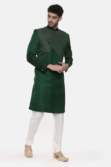 Mayank Modi - Men Green Silk Slub Plain Overlap Sherwani Set 