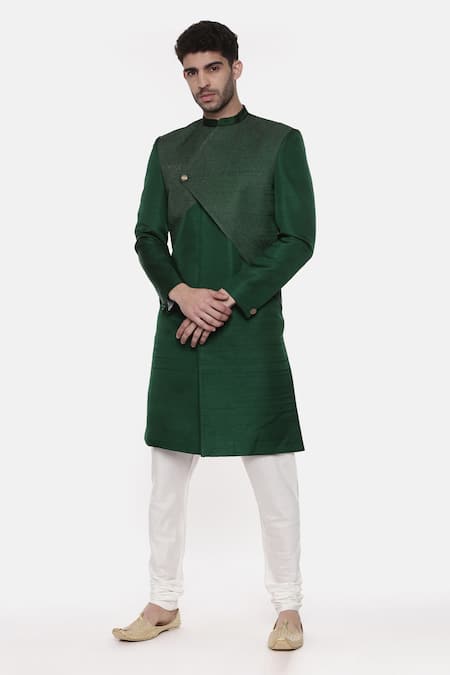 Mayank Modi - Men_Green Silk, Cotton Embroidery Overlap Sherwani Set For Kids_Online_at_Aza_Fashions