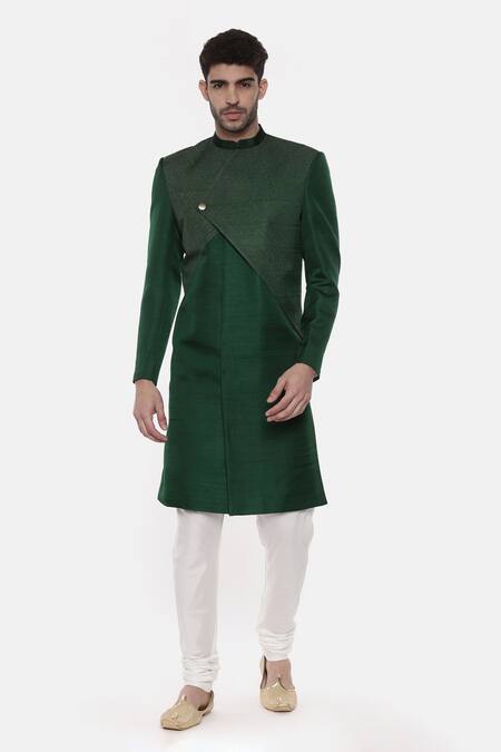 Buy_Mayank Modi - Men_Green Silk, Cotton Embroidery Overlap Sherwani Set For Kids_Online_at_Aza_Fashions