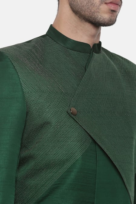 Mayank Modi - Men_Green Silk, Cotton Embroidery Overlap Sherwani Set For Kids_at_Aza_Fashions