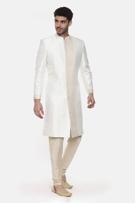 Mayank Modi - Men White Silk Slub Plain Colorblock Sherwani Set