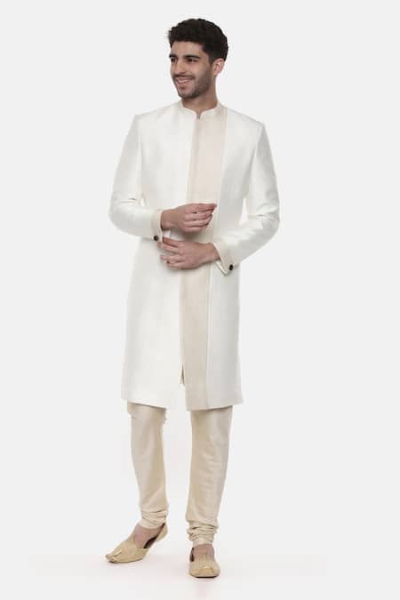 Mayank Modi - Men_White Silk Colorblock Sherwani Set For Kids_Online_at_Aza_Fashions