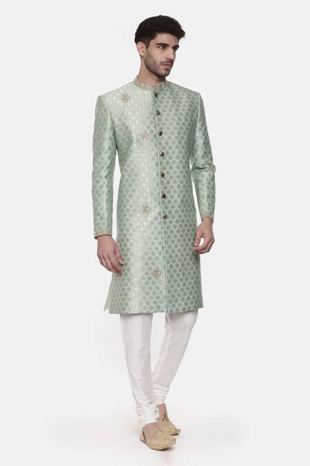 Mayank Modi - Men_Green Banarasi Brocade Jacquard Floral Sherwani Set_Online_at_Aza_Fashions