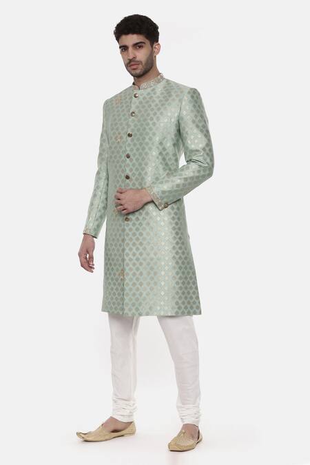 Buy_Mayank Modi - Men_Green Banarasi Brocade Jacquard Floral Sherwani Set_Online_at_Aza_Fashions