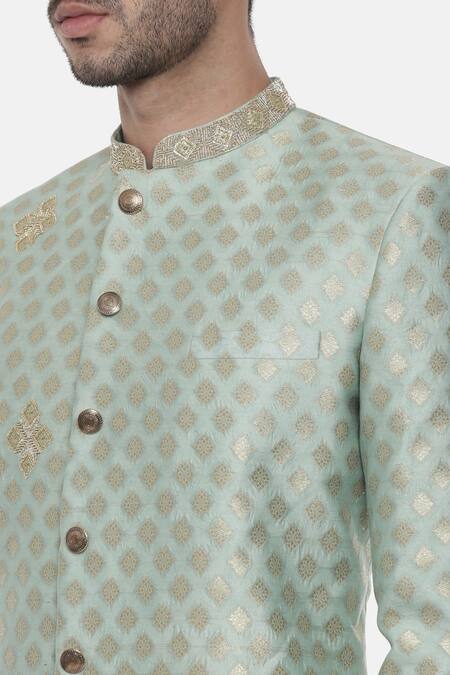 Shop_Mayank Modi - Men_Green Banarasi Brocade Jacquard Floral Sherwani Set_Online_at_Aza_Fashions