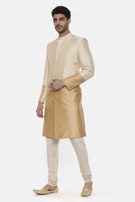 Mayank Modi - Men_Beige Cotton Satin, Cotton, Silk Sequins Colorblock Sherwani Set For Kids_Online_at_Aza_Fashions