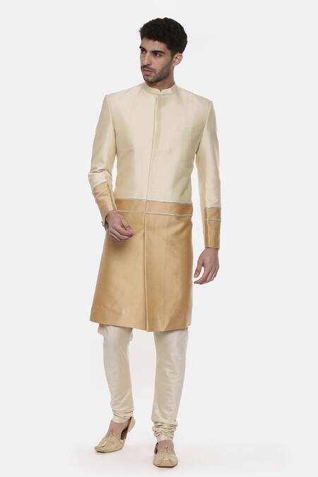 Buy_Mayank Modi - Men_Beige Cotton Satin, Cotton, Silk Sequins Colorblock Sherwani Set For Kids_Online_at_Aza_Fashions