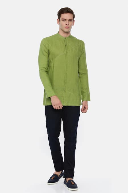 Buy_Mayank Modi - Men_Green 100% Linen Kurta_Online_at_Aza_Fashions