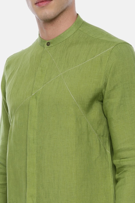 Shop_Mayank Modi - Men_Green 100% Linen Kurta_Online_at_Aza_Fashions