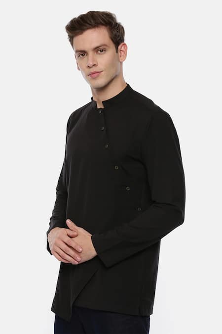 Shop Mayank Modi - Men Black 100% Cotton Asymmetric Kurta Online at Aza Fashions Shop_Mayank Modi - Men_Black 100% Cotton Asymmetric Kurta _Online_at_Aza_Fashions