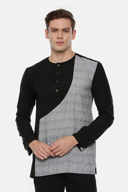 Mayank Modi - Men Black Cotton, Linen Printed Kurta Online at Aza Fashions Mayank Modi - Men_Black Cotton, Linen Printed Kurta_Online_at_Aza_Fashions
