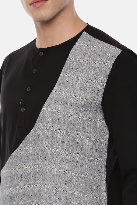 Mayank Modi - Men Black Cotton, Linen Printed Kurta at Aza Fashions Mayank Modi - Men_Black Cotton, Linen Printed Kurta_at_Aza_Fashions