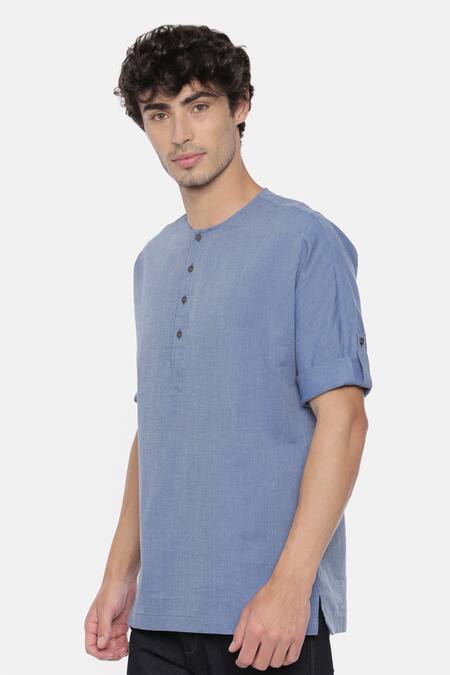 Mayank Modi - Men_Blue Malai Cotton Short Kurta _Online_at_Aza_Fashions