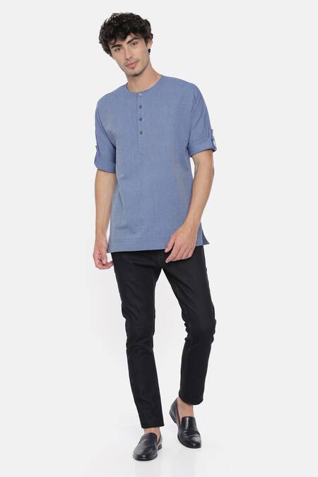 Shop_Mayank Modi - Men_Blue Malai Cotton Short Kurta _Online_at_Aza_Fashions