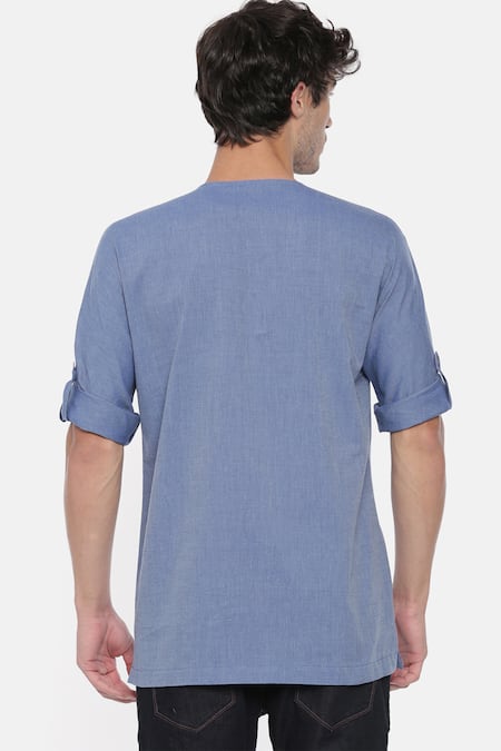 Shop_Mayank Modi - Men_Blue Malai Cotton Overlap Short Kurta _at_Aza_Fashions