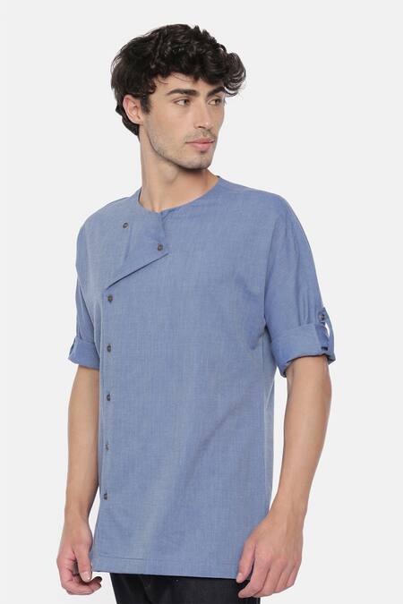 Mayank Modi - Men_Blue Malai Cotton Overlap Short Kurta _Online_at_Aza_Fashions