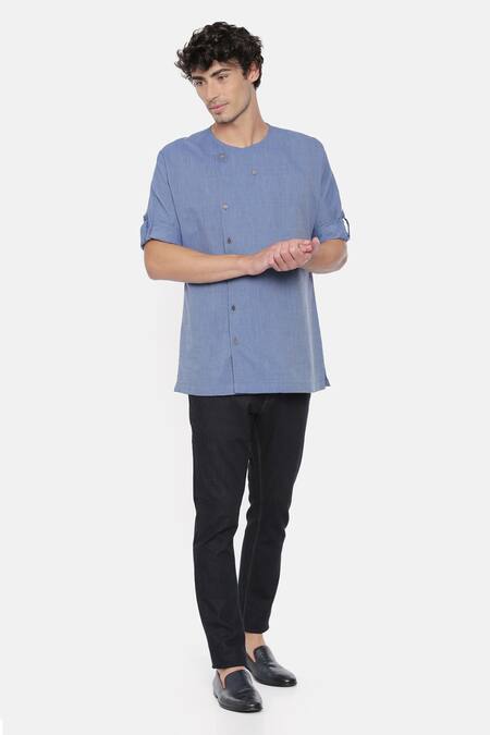 Buy_Mayank Modi - Men_Blue Malai Cotton Overlap Short Kurta _Online_at_Aza_Fashions