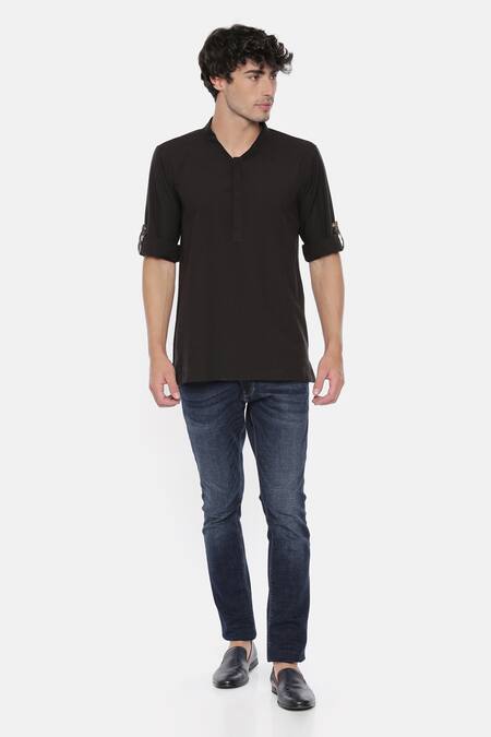 Buy_Mayank Modi - Men_Black Malai Cotton Short Kurta _Online_at_Aza_Fashions