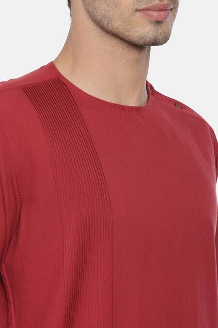 Shop Mayank Modi - Men Maroon Cotton Pintuck Short Kurta For Kids Online at Aza Fashions Shop_Mayank Modi - Men_Maroon Cotton Pintuck Short Kurta For Kids_Online_at_Aza_Fashions