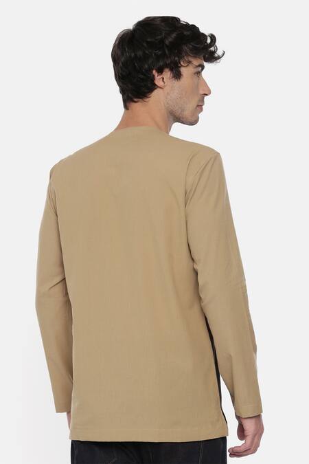 Shop_Mayank Modi - Men_Beige Malai Cotton Colorblock Panel Short Kurta _at_Aza_Fashions