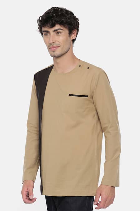 Mayank Modi - Men_Beige Malai Cotton Colorblock Panel Short Kurta _Online_at_Aza_Fashions