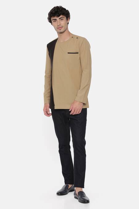 Buy_Mayank Modi - Men_Beige Malai Cotton Colorblock Panel Short Kurta _Online_at_Aza_Fashions