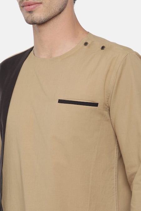 Shop_Mayank Modi - Men_Beige Malai Cotton Colorblock Panel Short Kurta _Online_at_Aza_Fashions