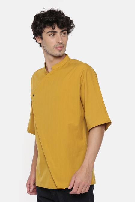 Mayank Modi - Men Yellow Malai Cotton Overlap Short Kurta Online at Aza Fashions Mayank Modi - Men_Yellow Malai Cotton Overlap Short Kurta _Online_at_Aza_Fashions